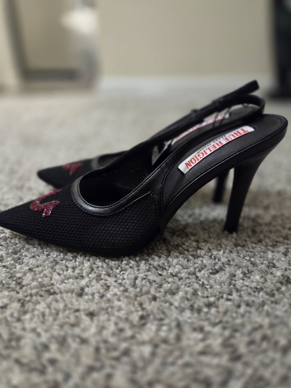 True Religion Black Slingback Heels with Pink Crystal Logo - Picture 2 of 6